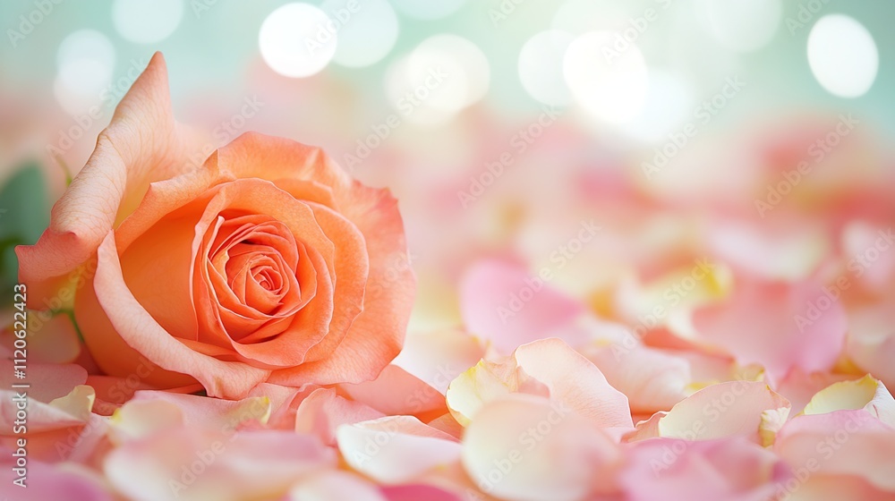 Poster elegant peach rose and petals on soft colorful background : generative ai
