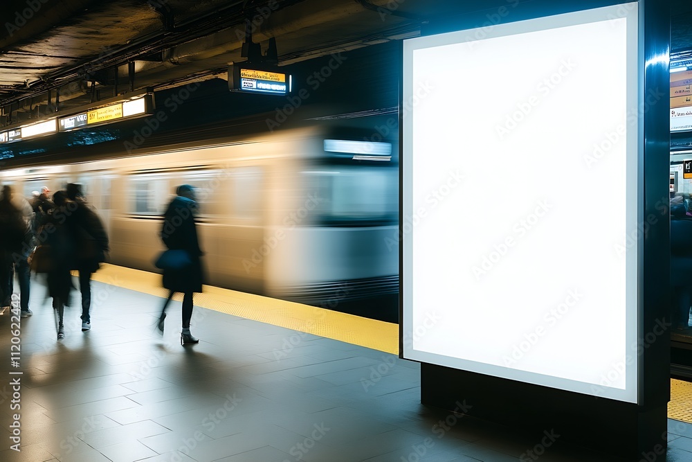 Aufkleber urban subway station with motion blur effect and blank advertisement space : generative ai