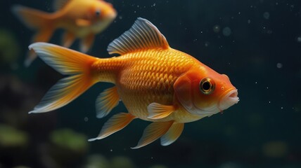 Close-up of a vibrant orange goldfish swimming in an aquarium.