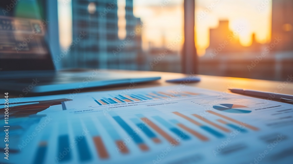 Aufkleber business analysis and financial performance review with sunrise office view : generative ai