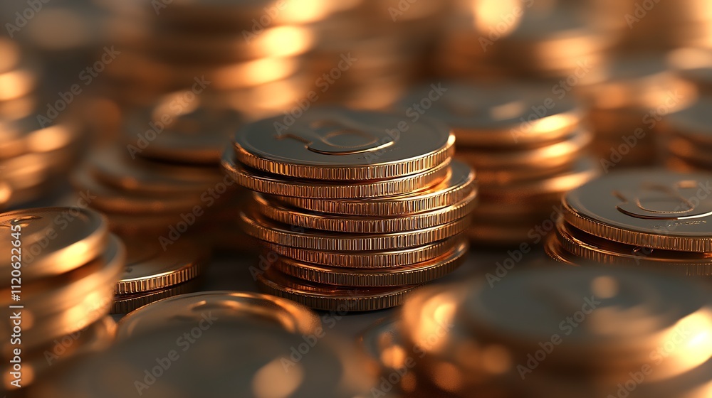 Aufkleber close up of stacked copper coins reflections on smooth surface : generative ai