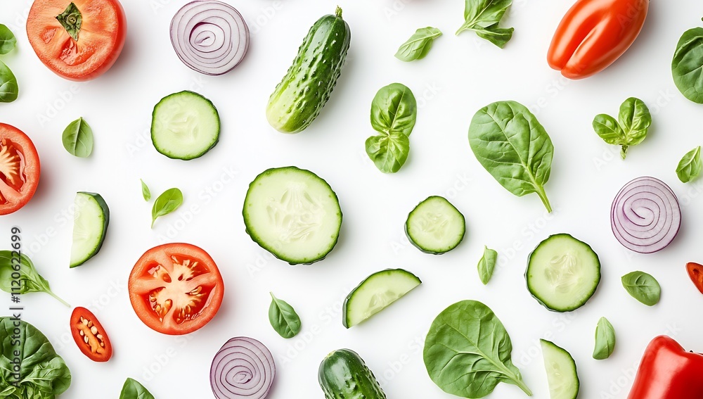 Poster healthy fresh vegetables background with tomatoes cucumbers and greens on white for vegan and wellne