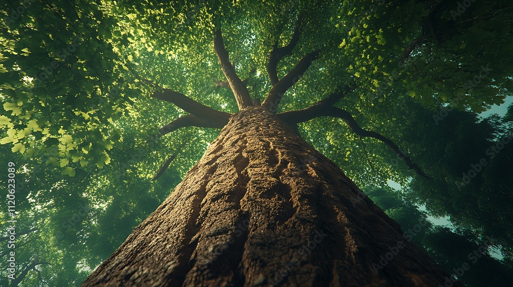 Poster Majestic Tree Trunk in Dense Forest Illuminated by Sunlight in Green Wilderness : Generative AI