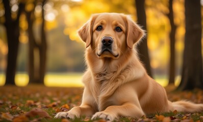 Golden retriever relaxing in autumn scenery