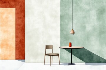 A minimalist composition of a drafting table and chair, drawn with clean lines and muted pastel tones