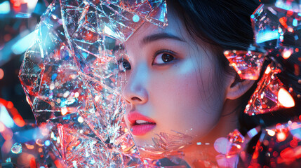 Vibrant Asian Woman Surrounded by Shimmering Reflections