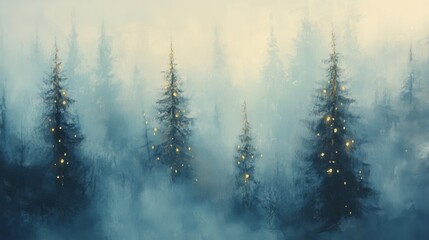 Fototapeta premium Serene winter scene with misty evergreens