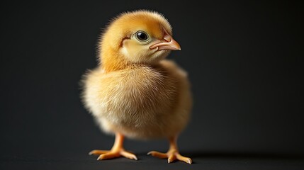 Obraz premium Closeup Portrait of Yellow Fluffy Chick on Dark Background for Farm Animal Theme : Generative AI
