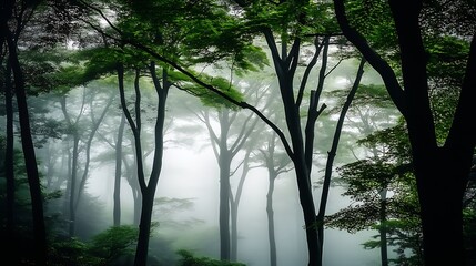 Obraz premium Lush Green Canopy in a Misty Forest Mysterious Woodland Atmosphere and Natural Beauty : Generative AI