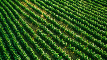 Aerial view of lush green agricultural field with rows of crops