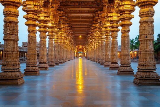 A peaceful evening shot of the Rameshwaram Temple corridor, with its ornate pillars illuminated softly