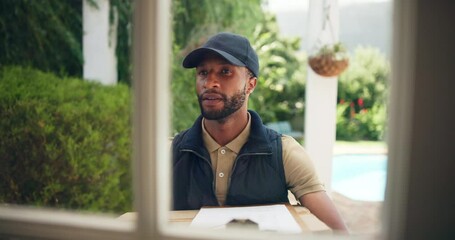 Delivery man, package and ring front door bell for services, shipping and logistics at house in town. Person, courier and order for customer with box, distribution and supply chain in neighborhood