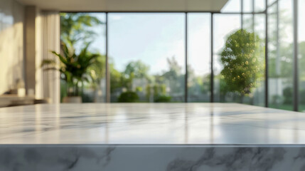 Sunlit marble counter in modern living room with large glass windows and lush greenery