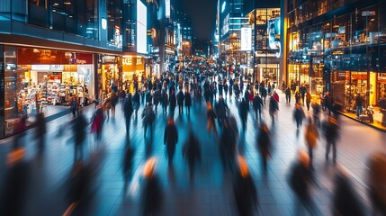 Fototapeta premium Bustling Urban Street with Energetic Nightlife and Dynamic Movement : Generative AI