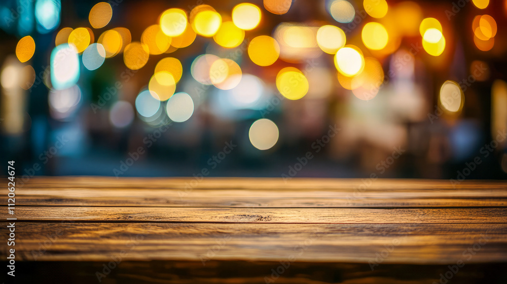 Aufkleber rustic wooden table with colorful bokeh lights in the background
