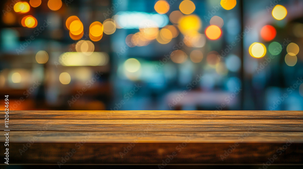 Aufkleber empty wooden table in front of colorful blurred lights background