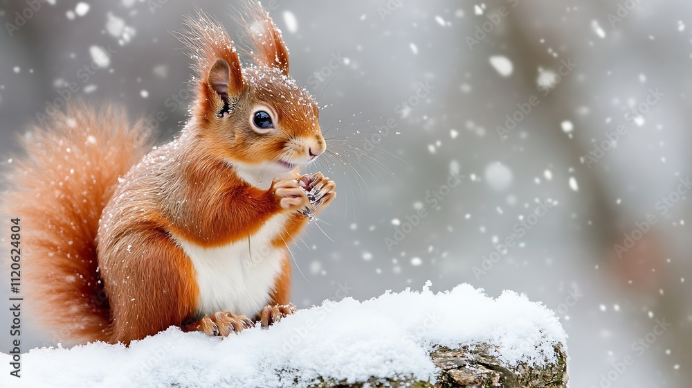 Poster adorable red squirrel with fluffy tail enjoying winter snow on forest stump : generative ai
