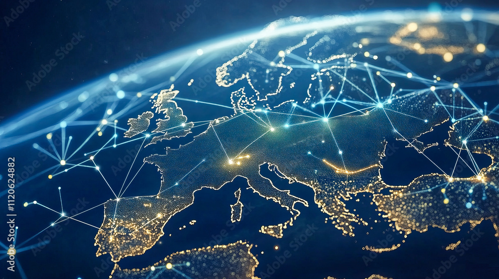 Poster digital network connections across europe from space: illuminated global communication