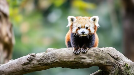 Naklejka premium Charming Red Panda Visually Engaging and Curious on Tree Branch Surrounded by Nature : Generative AI
