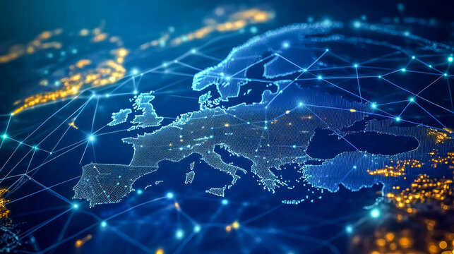 Digital network map of europe highlighting connectivity and technology innovation