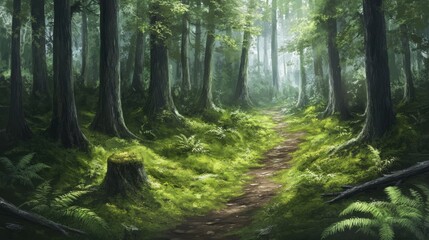 Obraz premium Tranquil forest trail with lush greenery