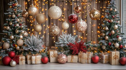 A festive table adorned with various Christmas decorations and beautifully wrapped presents, creating a joyful holiday atmosphere.