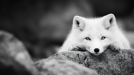 Majestic Arctic Fox Peering Over Rock in Black and White Winter Wilderness : Generative AI