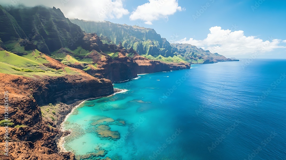Poster stunning aerial view of majestic ocean cliffs with turquoise waters under clouded blued skies : gene