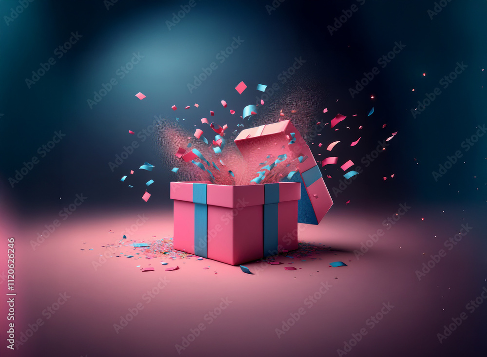 Poster a pink gift box explodes with colorful confetti, revealing a magical surprise. the vibrant scene is 