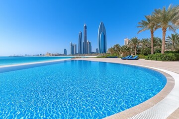 A serene image of a luxurious infinity pool overlooking the Abu Dhabi skyline, blending relaxation with modern architecture