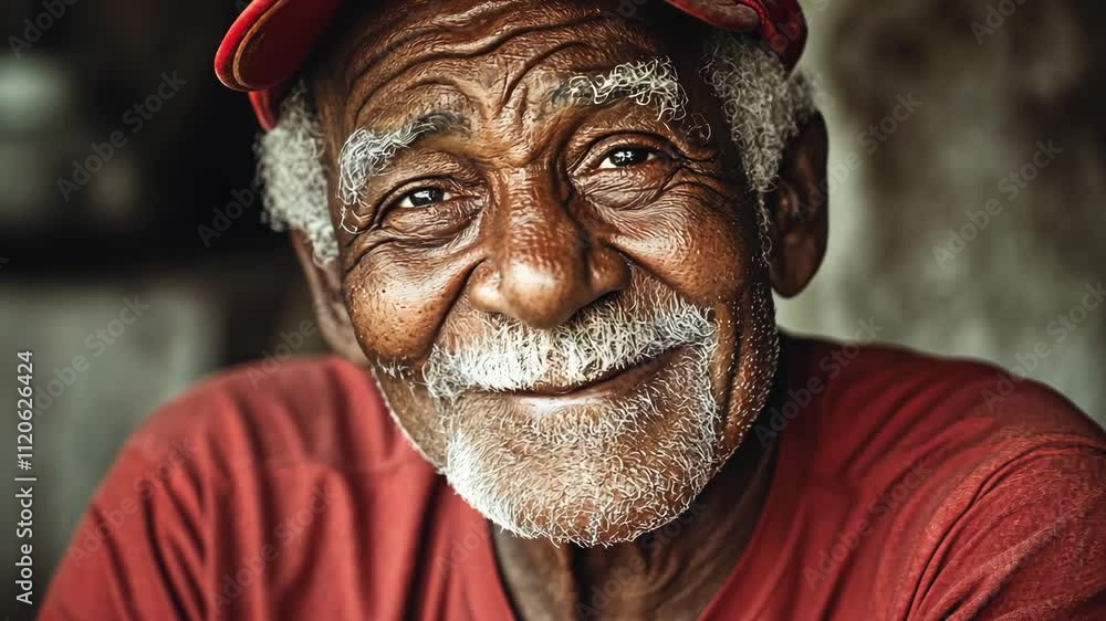 Aufkleber smiling elderly man wearing a red cap enjoys a moment of joy in a rustic setting during daylight hou