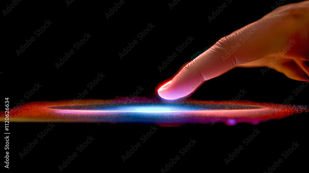Poster person touching interactive colored digital interface with glowing effect