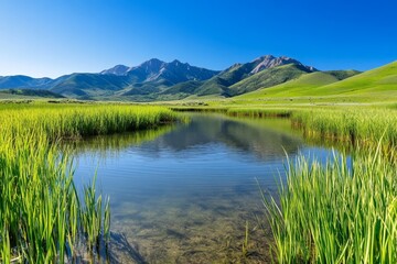 Fototapeta premium A serene photo of wetlands with reeds and aquatic plants, showcasing the storage phase of the water cycle