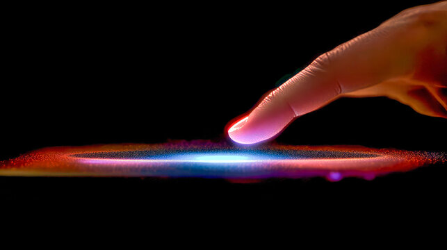 Person touching interactive colored digital interface with glowing effect