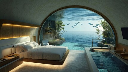 Fototapeta premium Underwater bedroom suite with ocean view, tropical plants, and integrated bathtub.