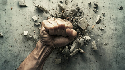 Powerful fist breaking through concrete wall with intense force