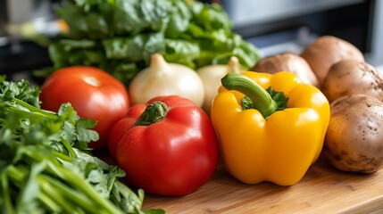 Colorful Fresh Vegetables Variety on Wooden Cutting Board Ready for Healthy Home Cooking and Eating : Generative AI