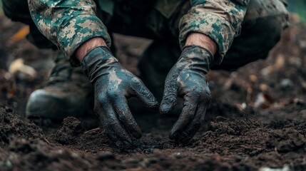 Fototapeta premium Soldier applying camouflage paint on his hands while kneeling on the ground generative ai