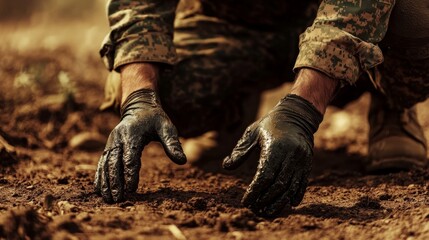 Fototapeta premium Soldier applying camouflage paint on his hands while kneeling on the ground generative ai