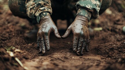 Fototapeta premium Soldier applying camouflage paint on his hands while kneeling on the ground generative ai