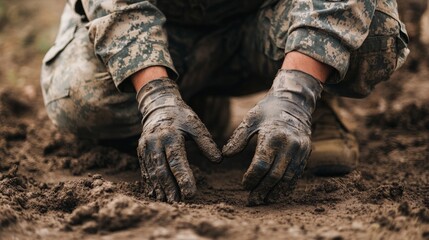 Fototapeta premium Soldier applying camouflage paint on his hands while kneeling on the ground generative ai