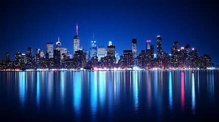 Fototapeta premium Illuminated City Skyline Overlapping Reflections in Water : Generative AI