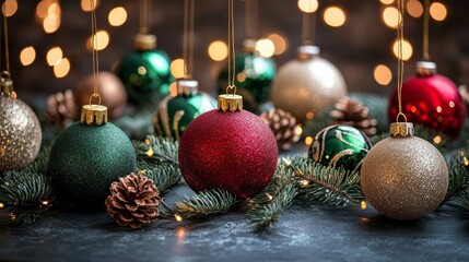 Colorful Christmas ornaments dangle from the ceiling, creating a festive atmosphere and showcasing the joy of the holiday season.