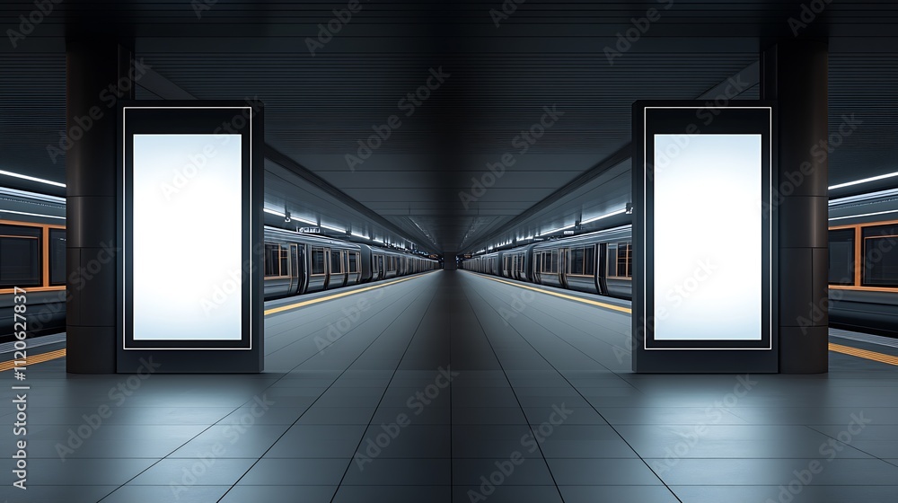 Poster modern underground subway station with blank advertising panels and empty platform : generative ai