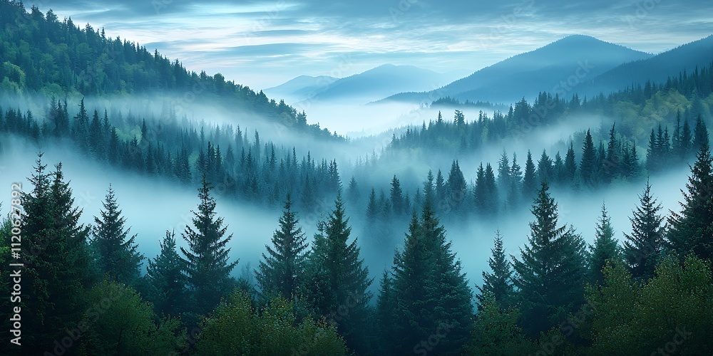 Poster sunrise over foggy pine forest and mountains creating a serene landscape : generative ai