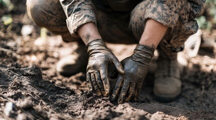 Soldier applying camouflage paint on his hands while kneeling on the ground generative ai