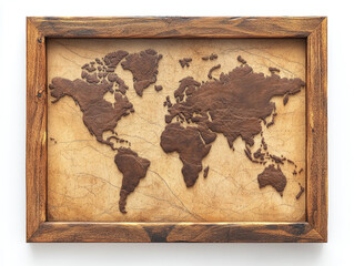 Elegant map of the world with a wooden frame isolated on white background