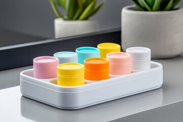 A tray with a fluoride treatment kit, including colorful gel and disposable applicators