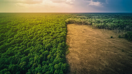 Obraz premium Dramatic contrast between lush forest and deforested land under stormy sky