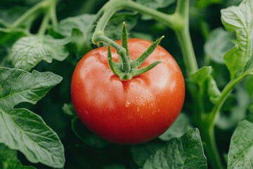 Ripe Tomato Surrounded by Green Leaves